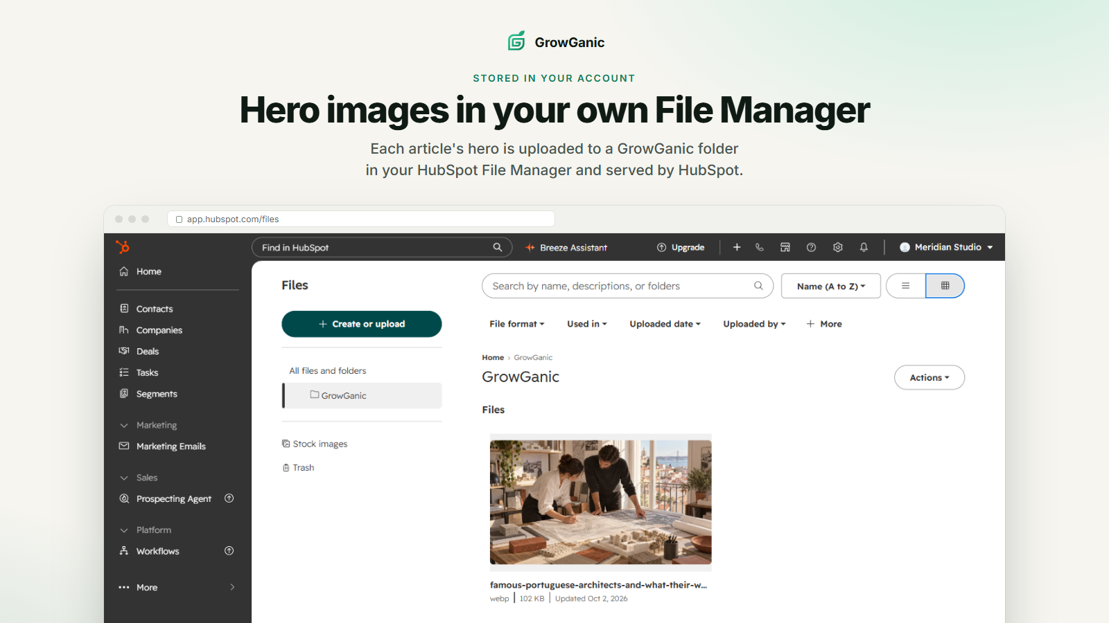 HubSpot File Manager showing the GrowGanic folder with the hero images of published articles