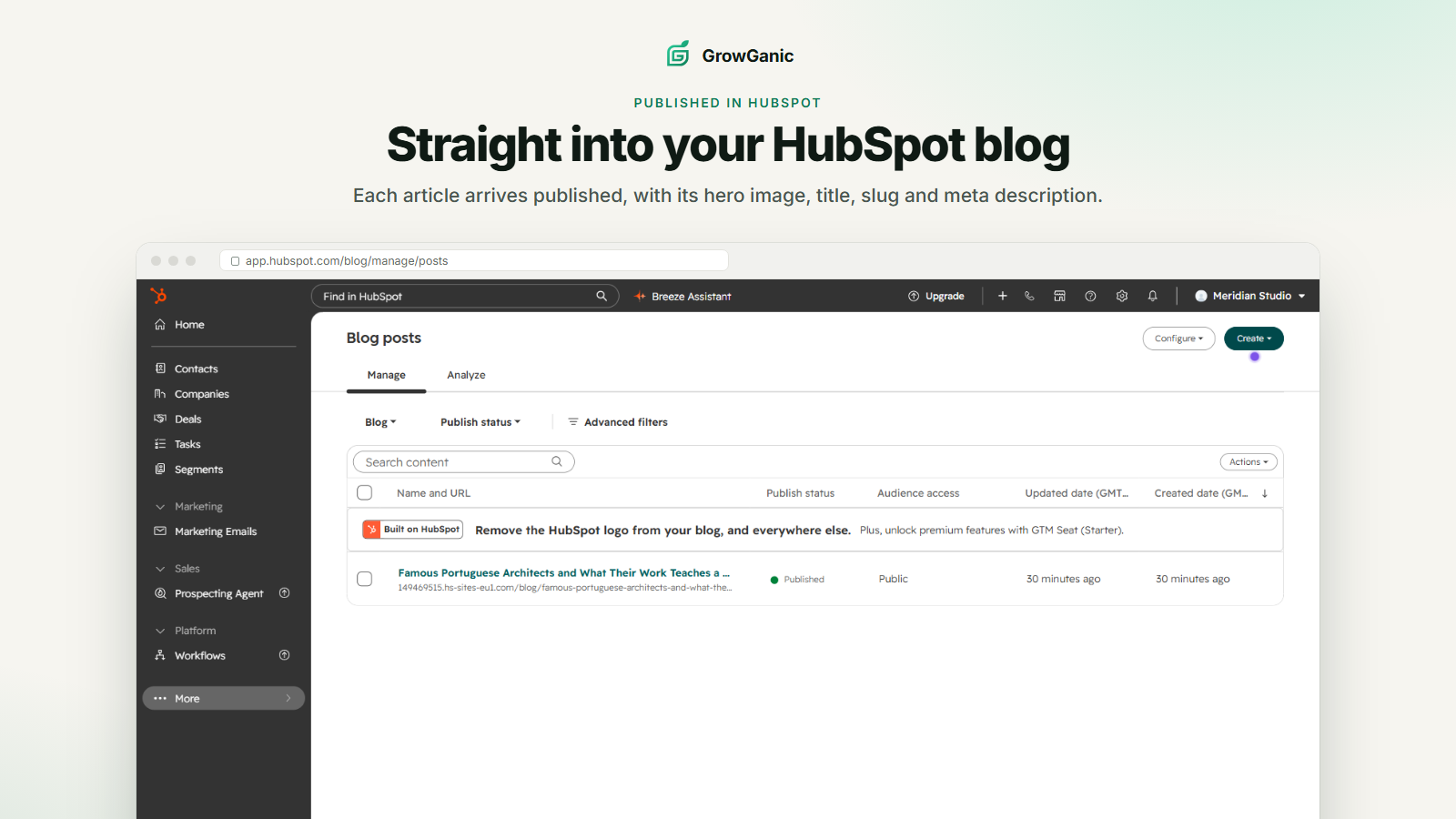 A post GrowGanic published, open in HubSpot with its title, slug and meta description filled in