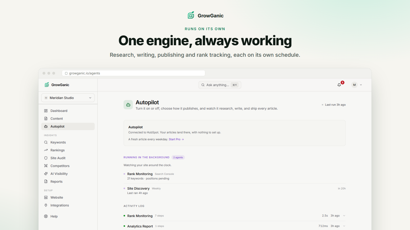 GrowGanic Autopilot connected to HubSpot, running research, publishing and rank tracking